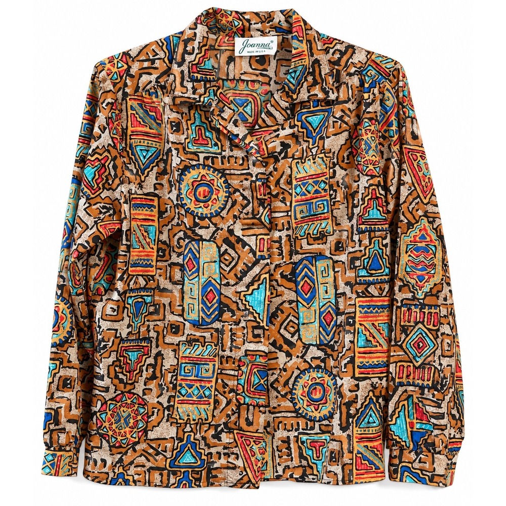 Vintage Joanna Made in USA Abstract Geometric Blouse Shirt Shoulder Pads M/L